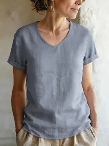 New Summer Women's Linen V-Neck T-Shirt, Casual Short Sleeve Top, Daily Commute Style, Loose Fit, Slimming Basic Tee, Chic, Womenswear