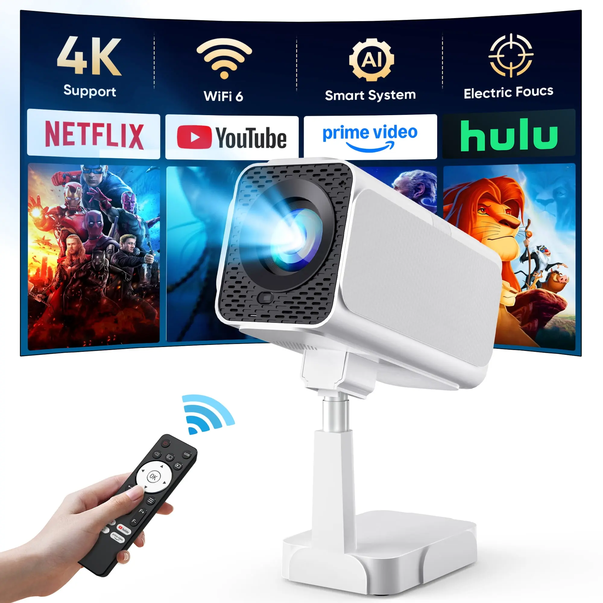 [Netflix Ready] Smart Projector with WiFi and Bluetooth, 4K 1080P Support, Electric Focus & Auto Keystone, Rotatable & Height-Adjustable Stand, Max 250" Screen