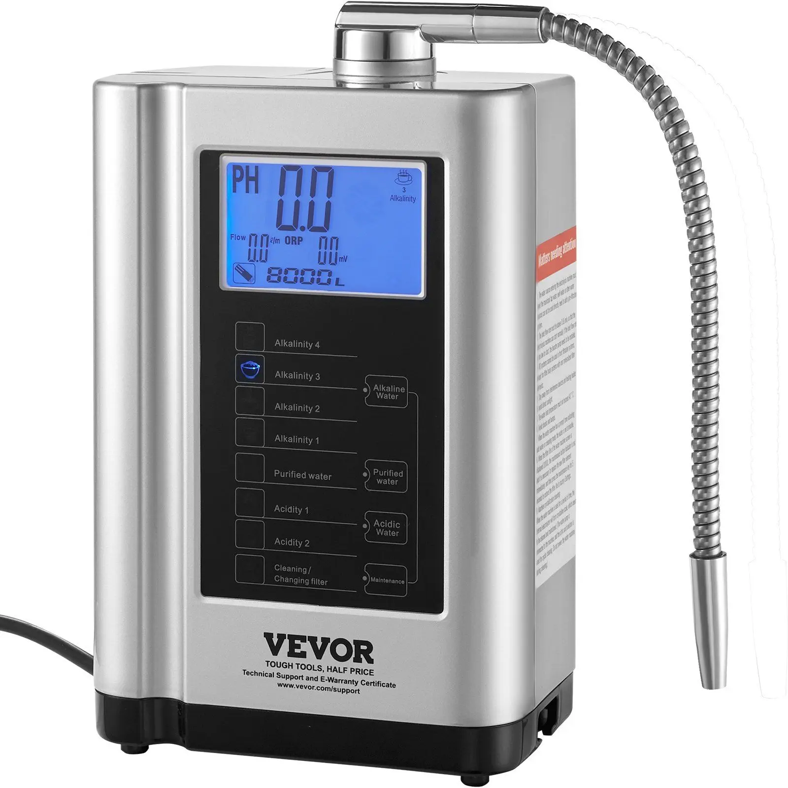 VEVOR Alkaline Water Ionizer Machine, pH 3.5-10.5 Alkaline Acidic Hydrogen Water Purifier, 7 Water Settings Home Filtration System, Up to -650mV ORP, 8000L Per Filter, Auto-Cleaning, White