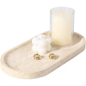 Natural Marble Tray for Bathroom Counter, 10" x 5" Travertine Marble Storage Trays for Perfume, Cosmetics, Jewelry, Vanity Tray Stone Trays for Home, Decorative Tray