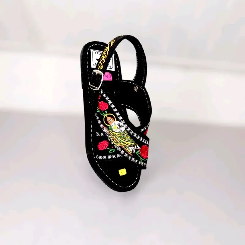 Women's Handmade Artisanal SJT DAMA Fit Sandals - 1 Pair, Open Toe, Black Red, Embroidered Fabric Upper, Flexible Rubber Sole, Ankle Adjustable Strap, Daily Fashion Summer Casual Comfort Walking Footwear