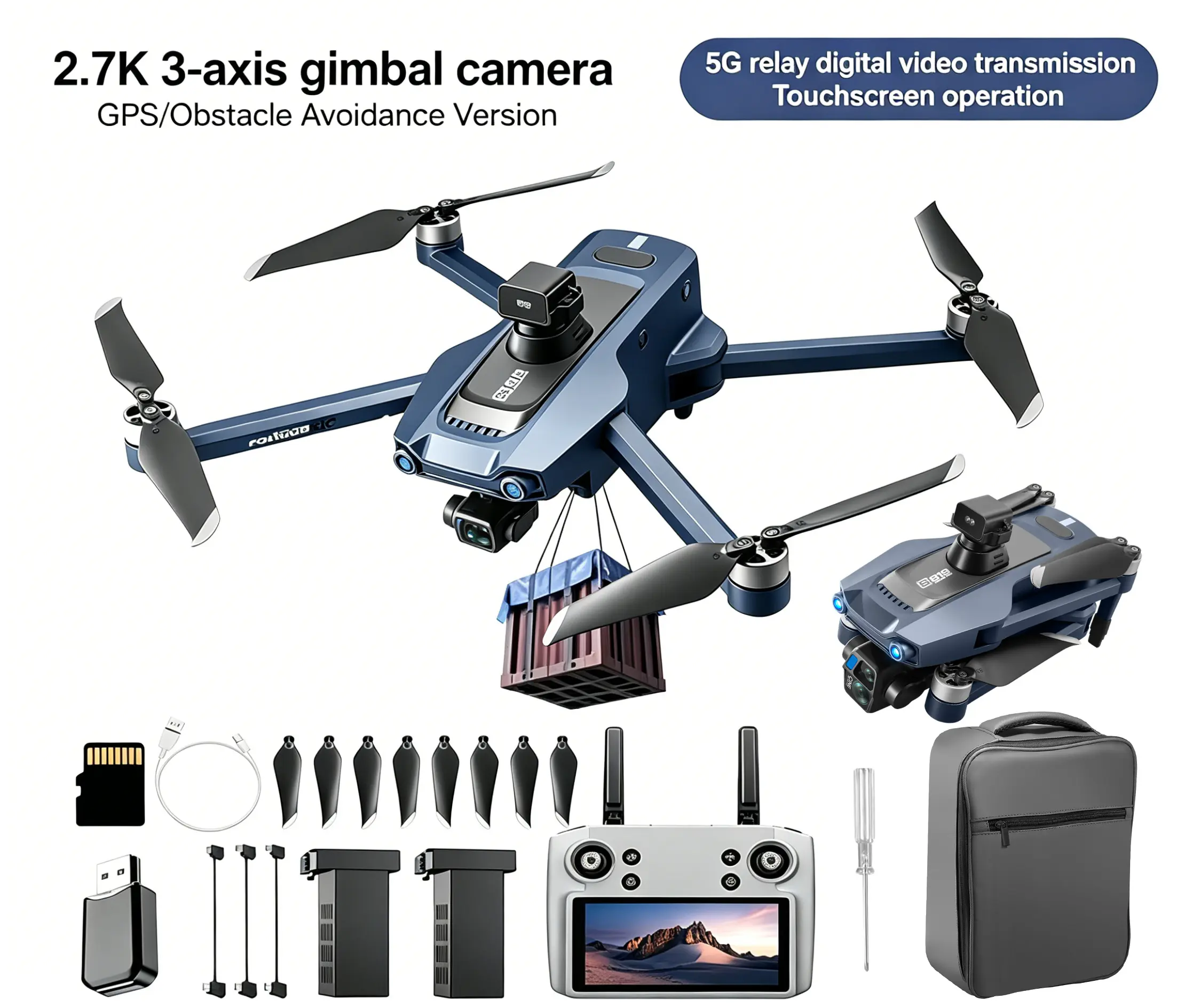 GPS Drone with 2.7K 3-Axis Gimbal Camera, 1 lb Airdrop, 360° Laser Obstacle Avoidance, 5" Screen Remote Controller, Brushless Motor, Auto Return, Foldable, 1 Key Takeoff, 2 Batteries, Follow-me & Self-Flying for Beginners & Adults