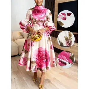 Elegant and chic high necked lantern sleeve printed dress, suitable for special occasions with slim fit long skirt, is the perfect choice for spring, summer, autumn and winter matchingRAIMENTRY