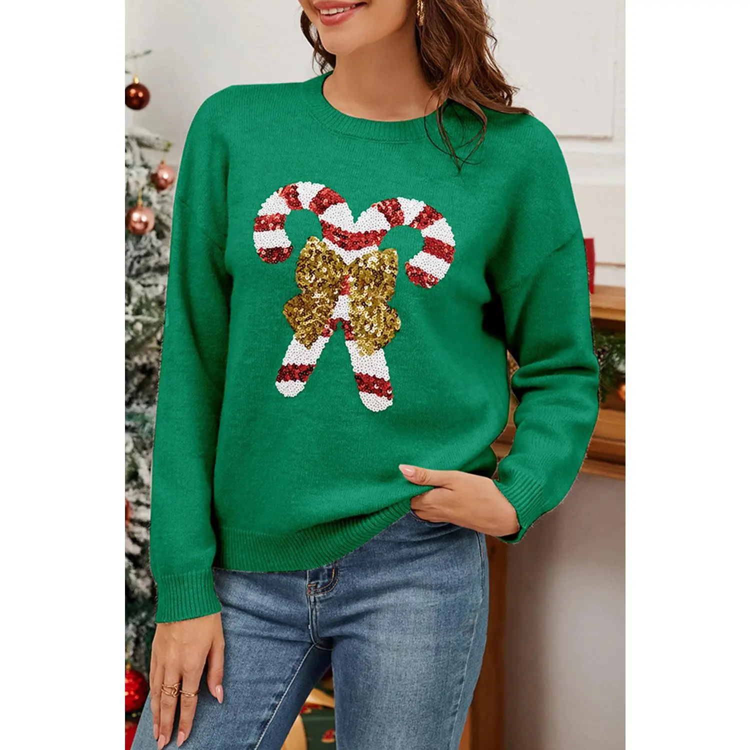 Dark Green Christmas Sweater – Sequin Bow Candy Cane Graphic Knit, Women's Festive Holiday Sweater