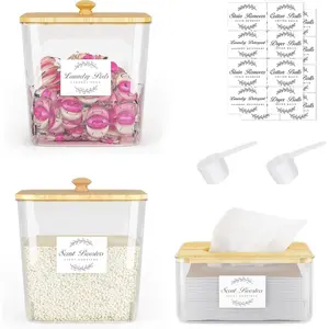 Laundry Room Organization and Storage, Laundry Pods Container and Dryer Sheet Holder with Bamboo Lids and Labels, Laundry Organizer with Scoops for Booster Beads, Po