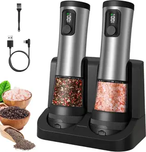 Electric Salt and Pepper  Set, 2-Speed Setting, Stainless Steel Rechargeable Automatic Pepper Mill Shakers with USB  Base,100ml Large Capacity, External Adjustable Coarseness,LED Light