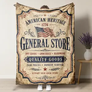 Vintage American Heritage General Store Throw Blanket, Rustic Farmhouse Decor American Flag Blanket, Patriotic Est 1776 Primitive Decor for Living Room, Soft Cozy Fleece Blanket for Couch Sofa