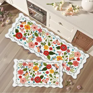 Floral Pattern Kitchen Botanical Area Rugs, 1 Count Non-slip Kitchen Rug, Washable Soft Floor Mat, Floral Area Rug, Farmhouse Kitchen Rug, Decorative Carpet for Home Kitchen Living Room Bedroom, Floral Shaped Rug