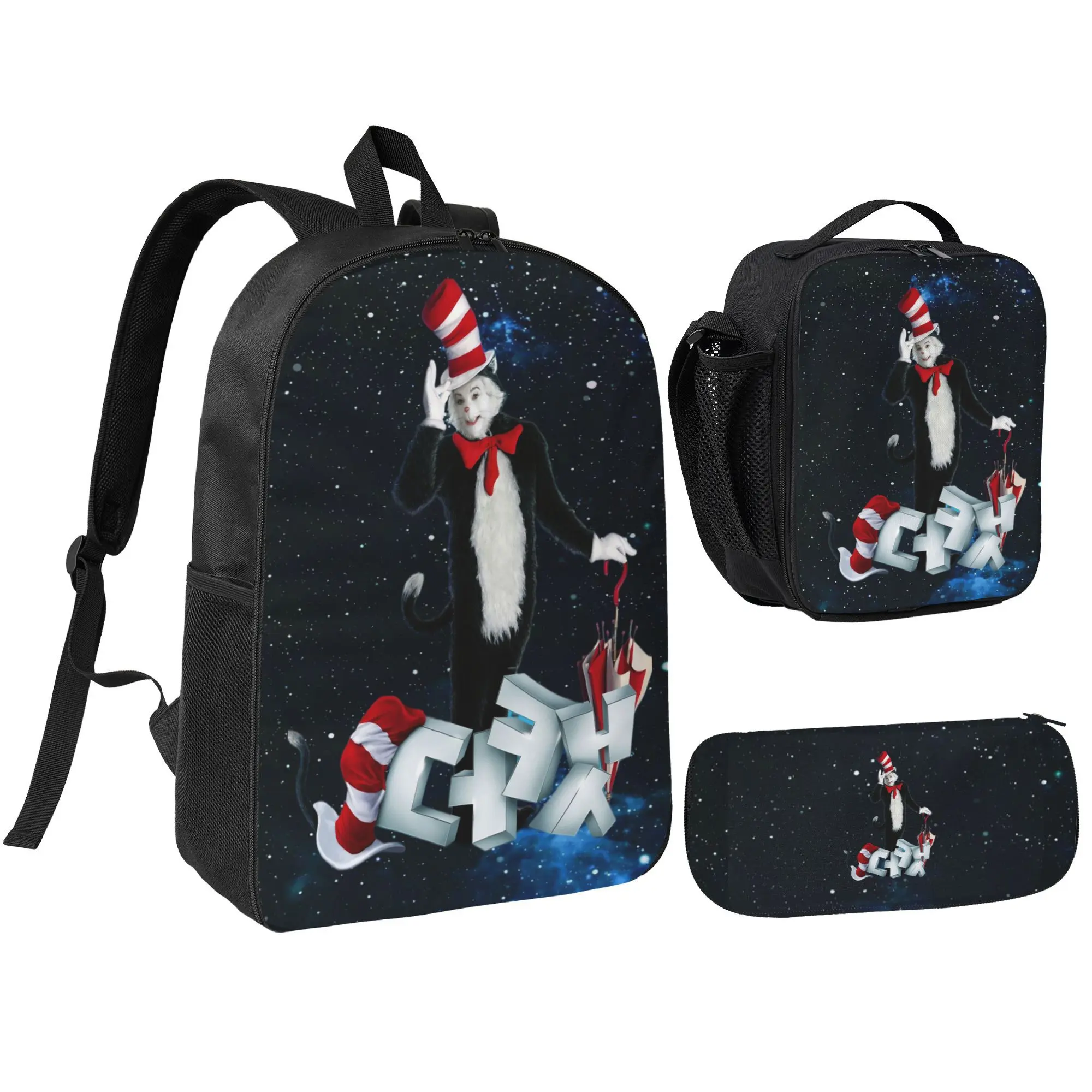 Dr. Seuss The Cat in the Hat 3PCS Backpack Set - Galaxy Space Theme Kids School Bag with Lunch Bag, Pencil Case, Lightweight Travel Backpack, Back to School Gift for Kids