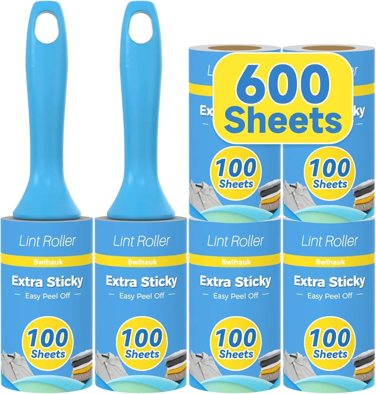 600-Sheet Extra Sticky Pet Hair Lint Rollers with Auto-Lock Grip, Disposable Refills, Strong Adhesive Sheets for Dog/Cat Fur, Dust Removal on Clothes, Furniture, Car Seats, Adhesive Sheet