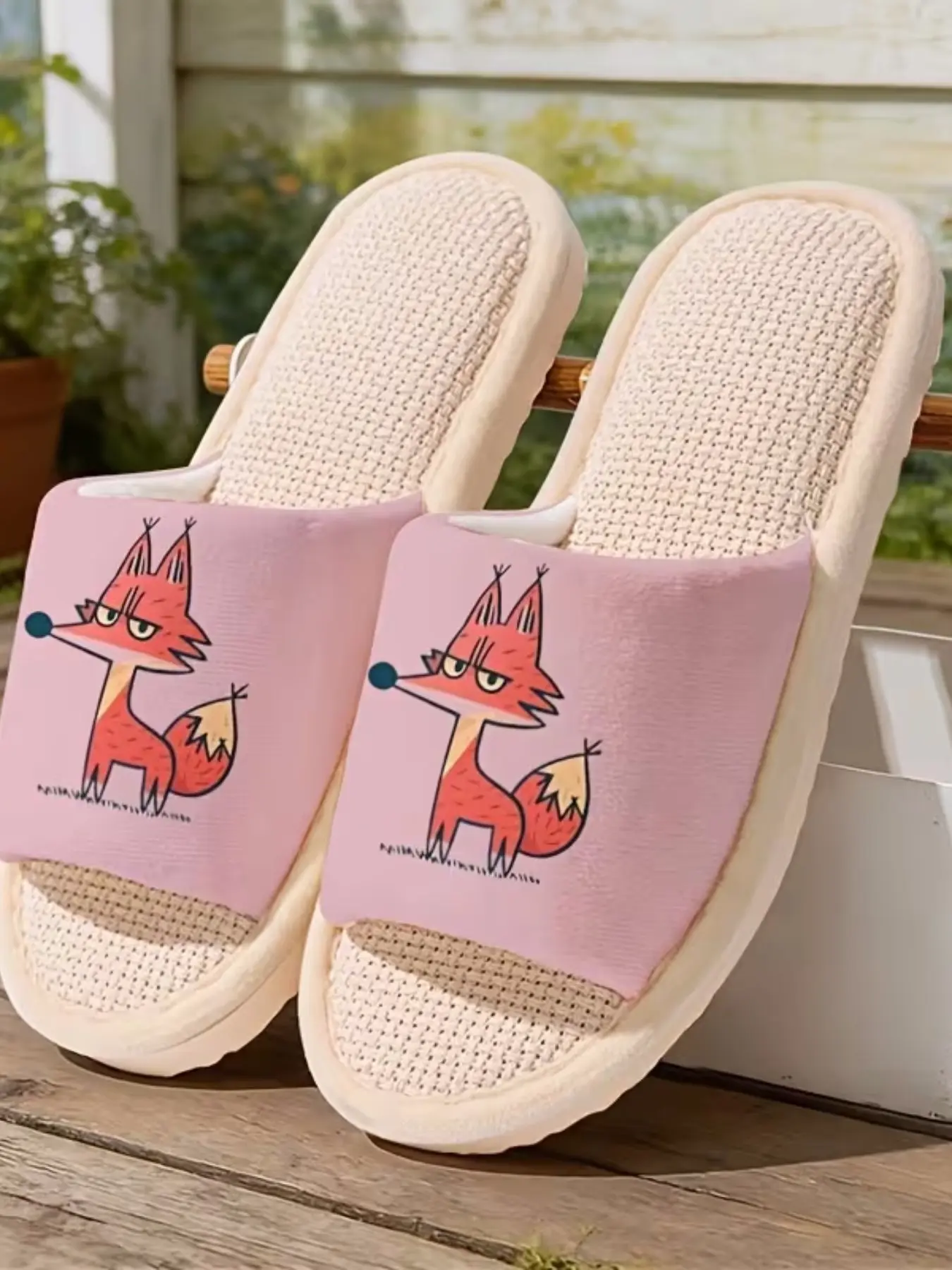 Elegant Fox Slippers, Breathable Waffle Linen, Cute Cartoon Design, Soft Sole, All-Season Home Footwear, Nonwoven Fabric, PVC Sole