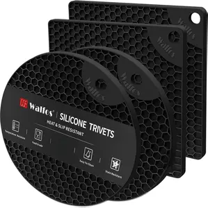 Silicone Trivet Mats - 4 Heat Resistant Pot Holders, Multipurpose Non-Slip Hot Pads for Kitchen Potholders, Hot Dishers, Jar Opener, Spoon Holder, Food Grade Silicone & BPA Free (Black) Coasters Tableware