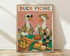 [SALE UP TO 50% + FREE SHIP] Duck Picnic, Home Decor, Wall Art, Print, Poster, Quirky Animal, Kitchen, Wine, Gift, Whimsical poster