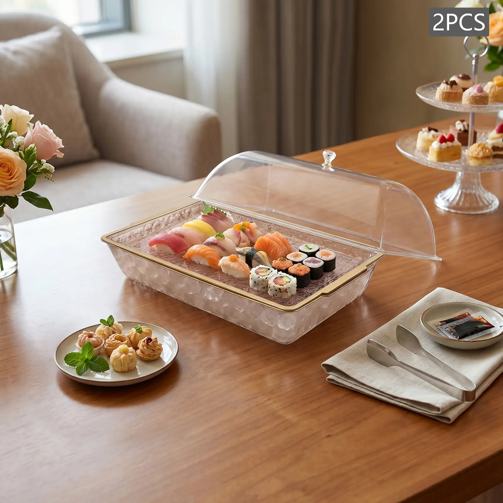 CNCEST 2-Pieces Chill Cooling Kitchen Utensil Chilled Serving Trays with Ice Basins & Lids, 16.3x10.04in Modern Amber Rectangle Containers for Seafood & Sushi Display, Ideal for Party Use, 16.3X10.04", Rectangle Tray