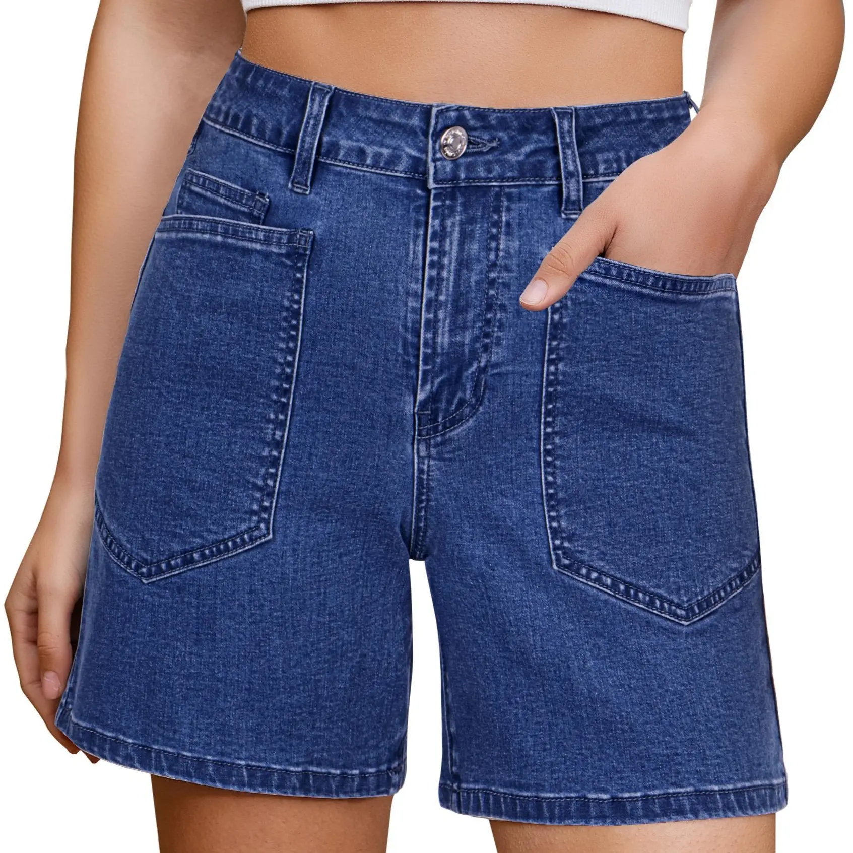 Luvamia Women's High-Waisted Fitted Fabric Stretchy Denim Jean Shorts - Casual Summer Bottoms with Pockets, Ideal for Beach, Concert Outfits (Pair with Tops), Style