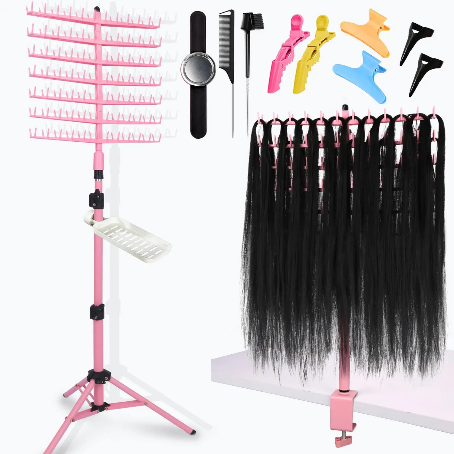 Height Adjustable Braiding Hair Rack 168 pegs, Dual-use Braid rack with Clamp ()