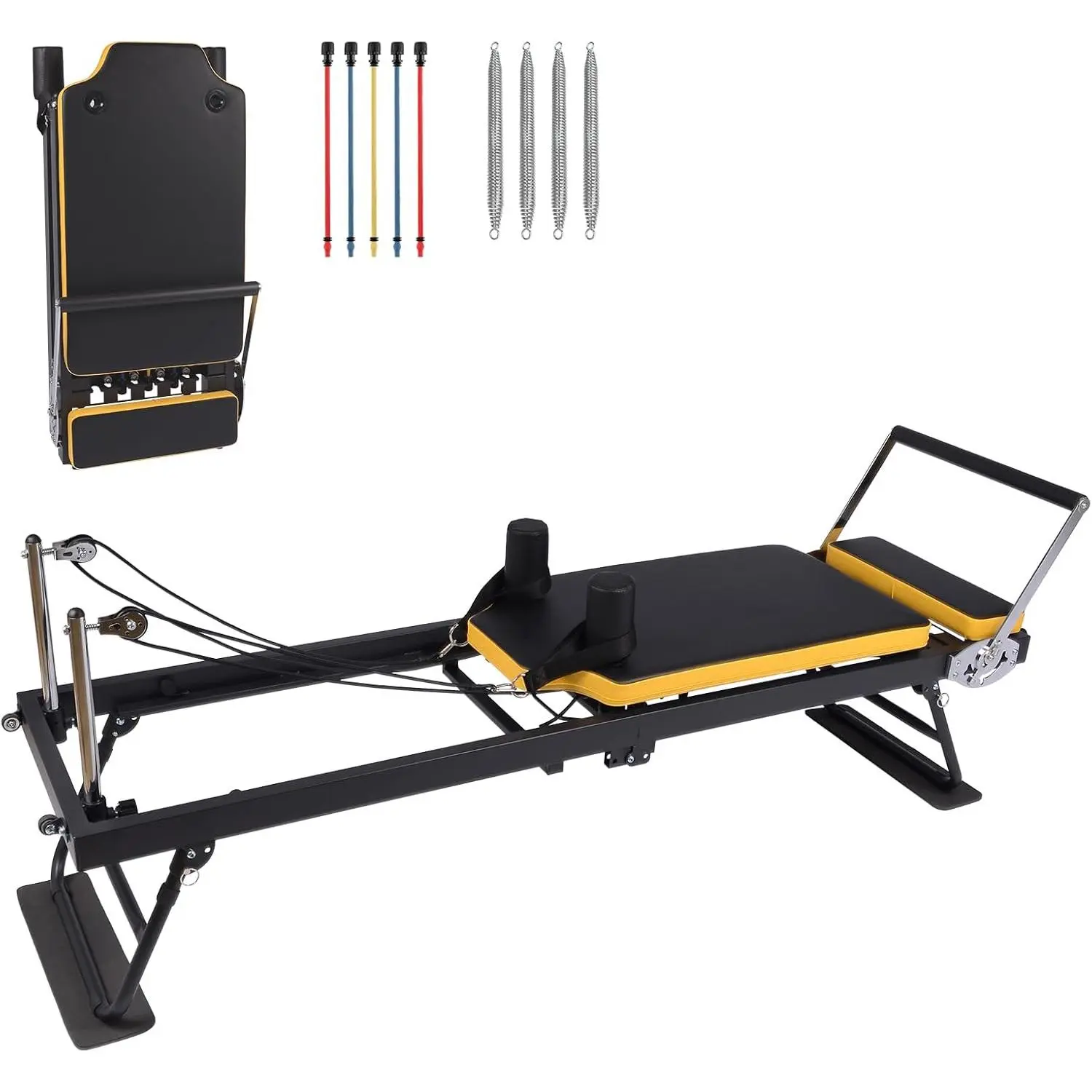 Foldable Pilates Reformer Machine,Adjustable Reformer Pilates Machine with Dual Resistance, Springs and Cord for Full-Body Home Workout