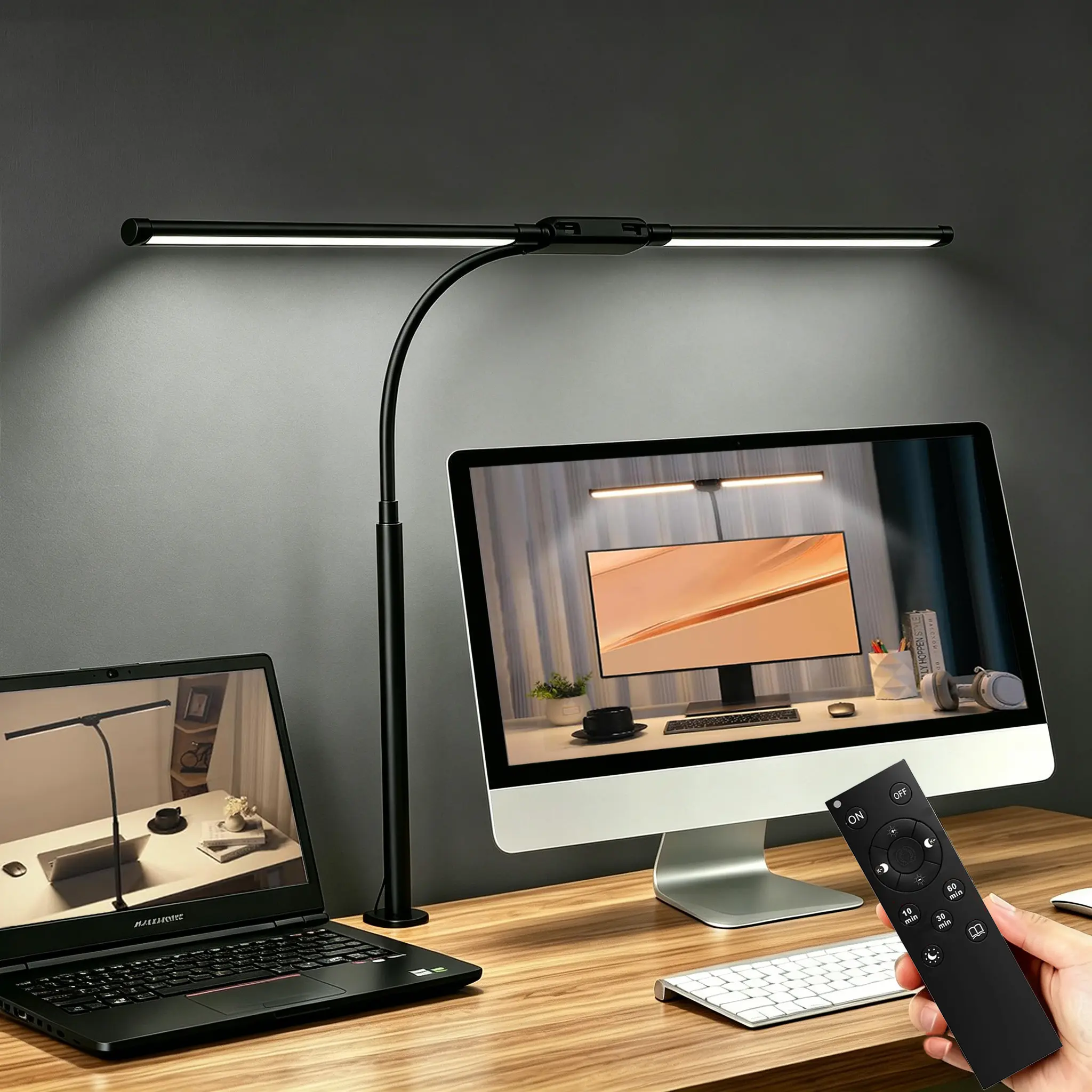 Adjustable LED Desk Lamp with Remote Control for Home Office and Study Room，Eye Caring Architect lamp with Clamp,Dual Screen Computer Monitor Work Smart Light: 24W 5 Color Flexible Adjustable Lighting Table Lamp