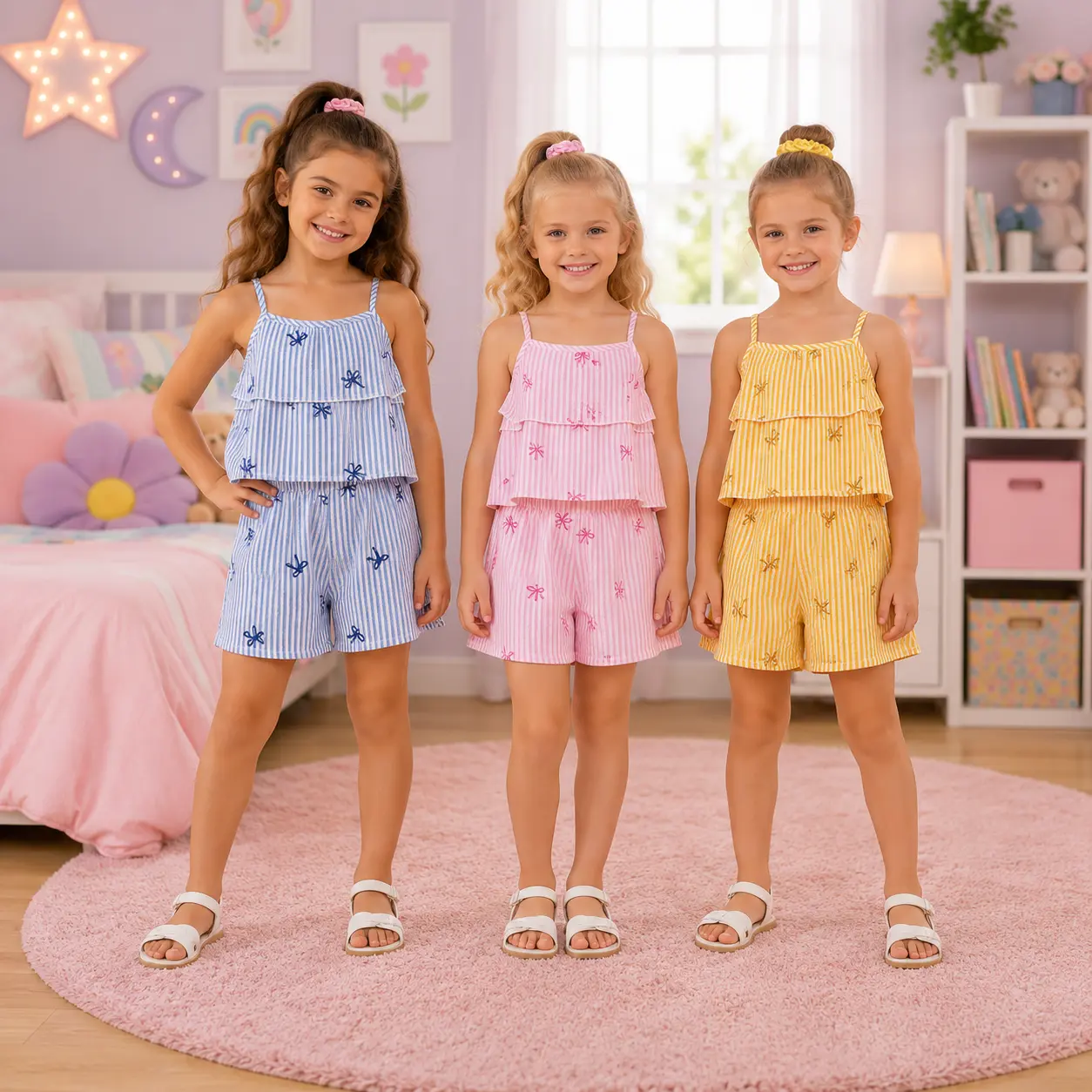 Girls' 3-Pack Polyester Fitted Striped Cami Top & Shorts Co Ord Set, Playful Cute Match Style Striped Print Set, Kids' Casual Summer Vacation Clothing, Match Style Set