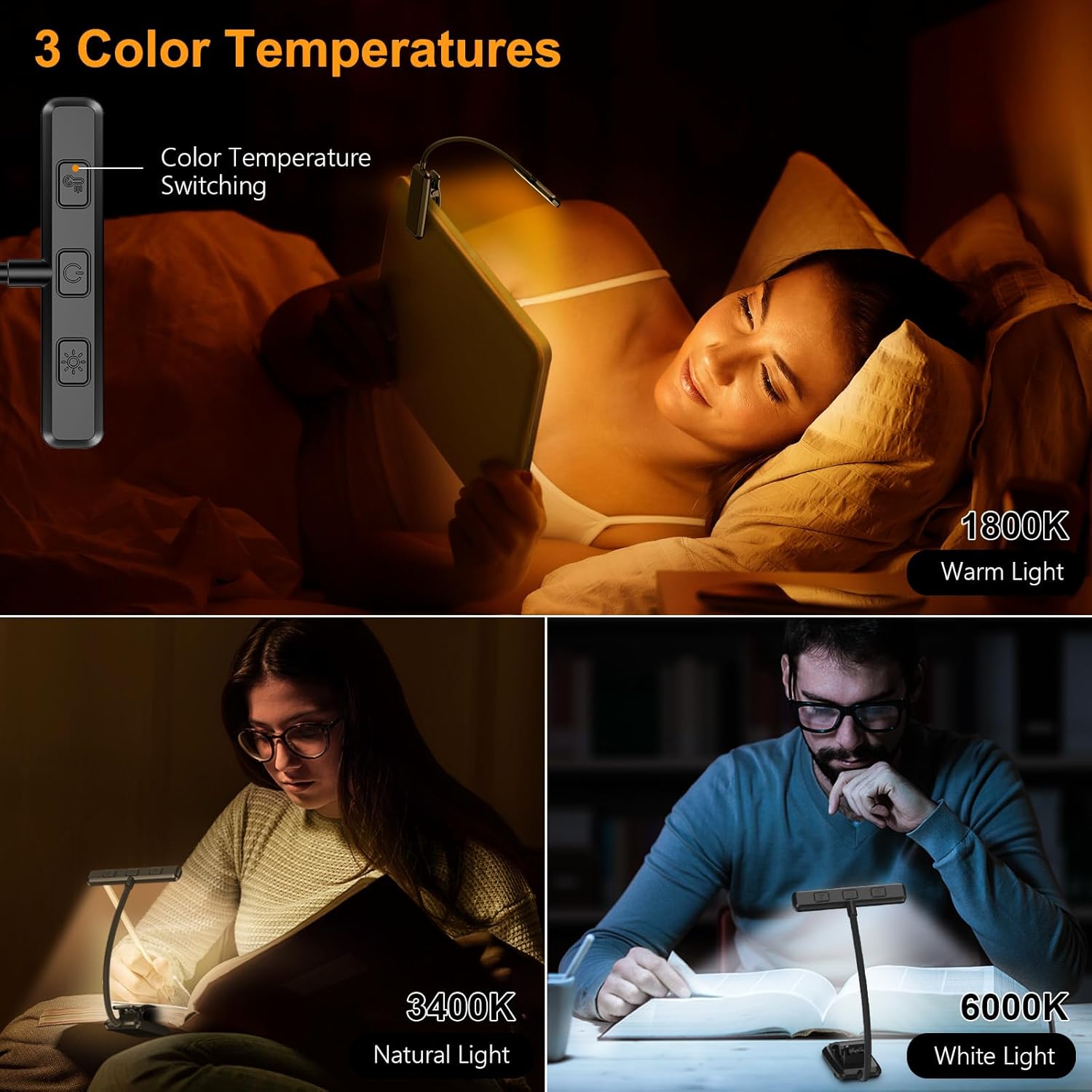 24 LED Rechargeable Book Light with Memory Function | Eye-Friendly 3 Colour Temperatures, Stepless Dimming & 80-Hour Runtime. Perfect Clip-On Light for Reading in Bed.
