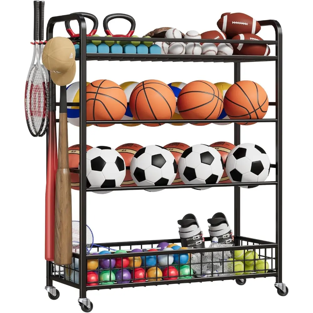 Steel Garage Sports Equipment Storage Cart with Shelf - Rolling Ball Storage Bin, Gym/Basement Gear Rack with Baseball Bat Holder, Hooks, Easy Installation, Toy Organizer