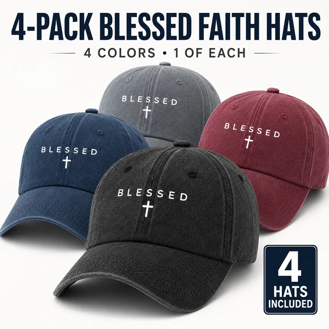 4-Pack Blessed Christian Baseball Caps for Women and Men, Vintage Washed Adjustable Faith Dad Hats, Religious Gift Set,4 Color