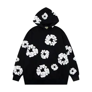 Harajuku Casual Loose Hoodie with Flower Print for Men and Women Unisex Long Sleeve Floral Pullover Versatile Casual Sweatshirt Menswear Tops Black