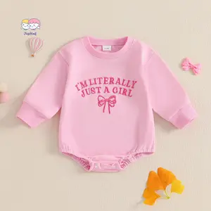 Baby Girls Sweatshirts Rompers Letter Bowknot Embroidered Round Neck Long Sleeve Fall Bodysuits Jumpsuits