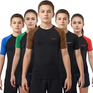 Exxact Sports Kids Brown BJJ Rash Guard Short Sleeve, Ranked No Gi Jiu Jitsu Compression Shirt for Boys & Girls for MMA, Wrestling