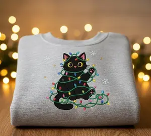 Custom Christmas Cat Embroidered Sweatshirt – Cute Black Cat Tangled in Lights – Holiday Cozy Crewneck – Cat Lover Christmas Gift