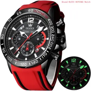 Brand OLEVS Mens Watches Chronograph Waterproof Luminous Silicon Strap Multifunction Watches for Men Quartz Business Calendar Men Wrist Watch