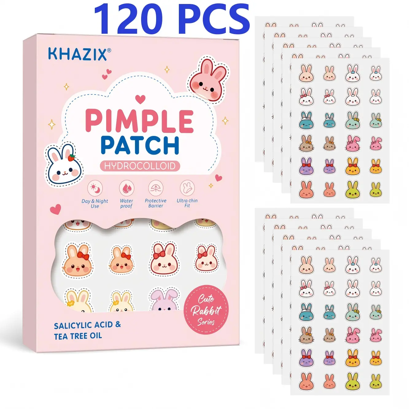 Hydrocolloid Pimple Patches for Face - 120-Count Cute Rabbit Sheet Stickers with Tea Tree, Salicylic Acid, Cica Oil, Peel-Off Design, Waterproof Blemish Treatment, Pimple Patch, Water Proof