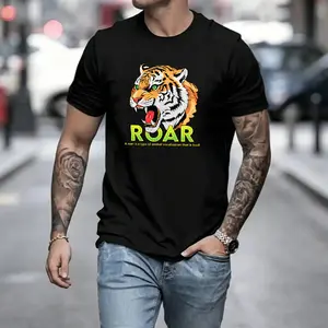 Trendy cool men’s short-sleeve T-shirt featuring a roaring tiger print; prominent beast head paired with a bold English slogan; breathable, skin-friendly fabric; street-style design suitable for everyday casual wear and making a statement when out.