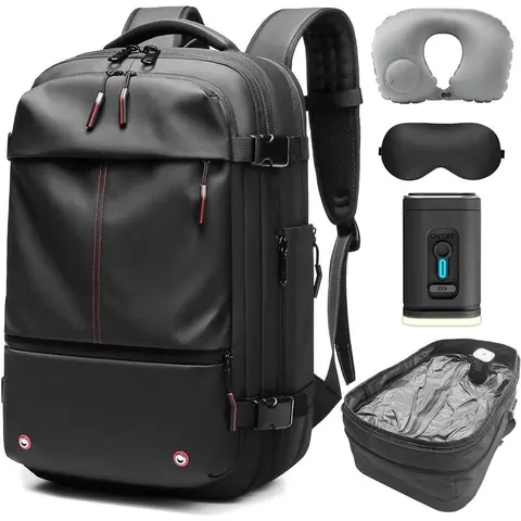 Kabaqoo Airback Vacuum Seal Compression Travel Backpack 60L - Durable Backpack, Expandable Vacpack, Water-Resist Shell, Leakproof, Synthetic, TSA Lock, Airbag, Black (Electric AirPump Included) - Airplane, Casual Styles, Travel Gear