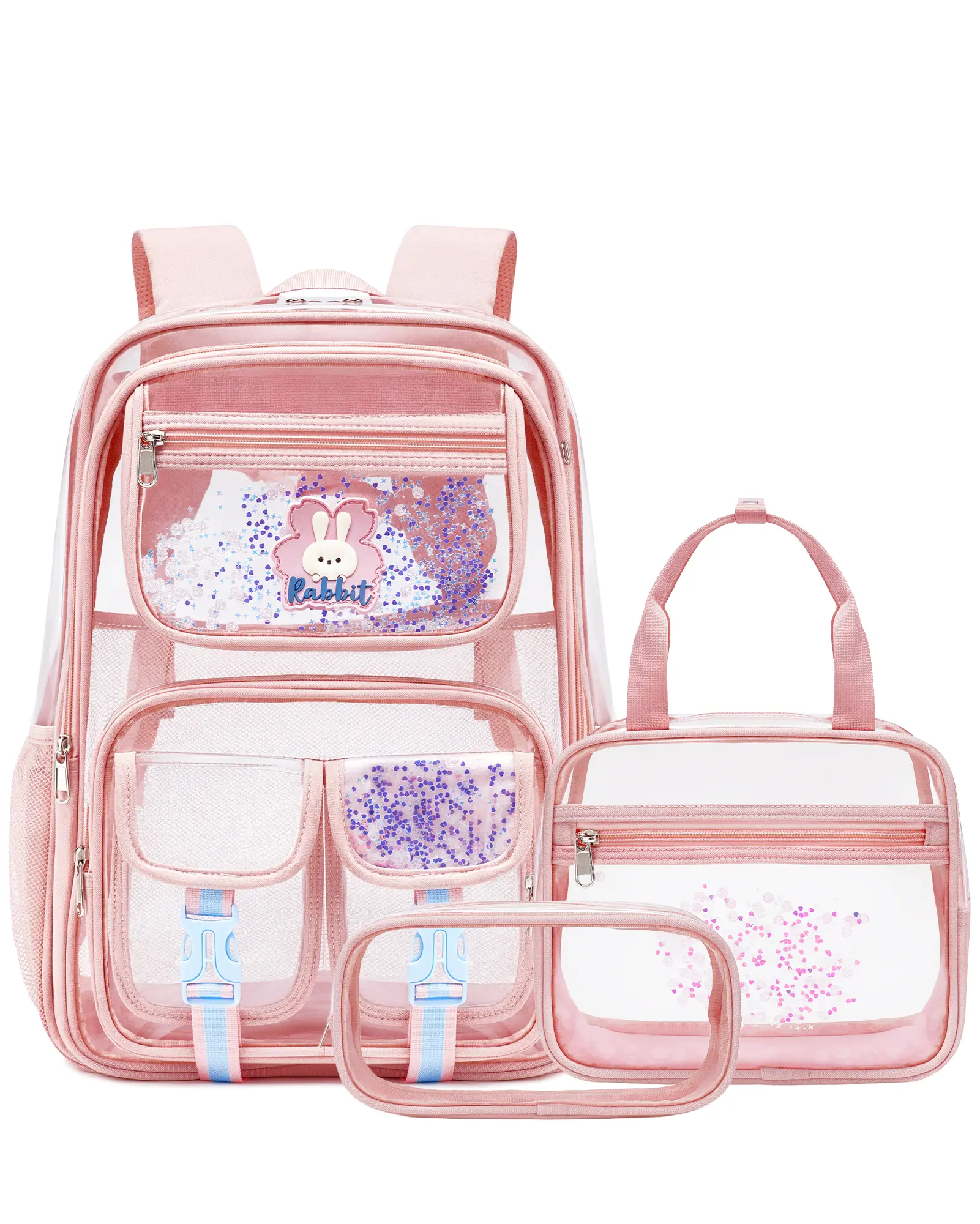 Makukke Cute Clear 3-in-1 Backpack Set for Girls, Stadium Approved Transparent School Bag with Lunch Box and Pencil Case, Water Resistant Heavy Duty Bookbag Fits 15.6" Laptop for Teen Girls, Kids & Students