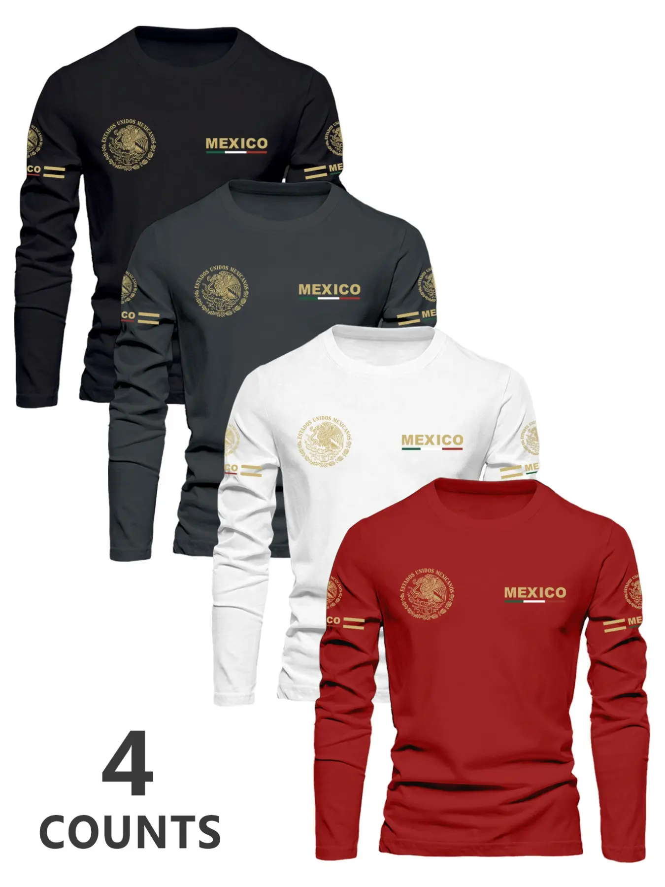 Men's Mexico Gold Badge Printed Long Sleeve T-Shirt, Casual Fitted Round Neck Top, Spring & Fall Fashion, Outdoor Sports Wear, Daily Outdoor Wear, Workout T Shirt, Casual Workout Shirts, Casual Workout Tops