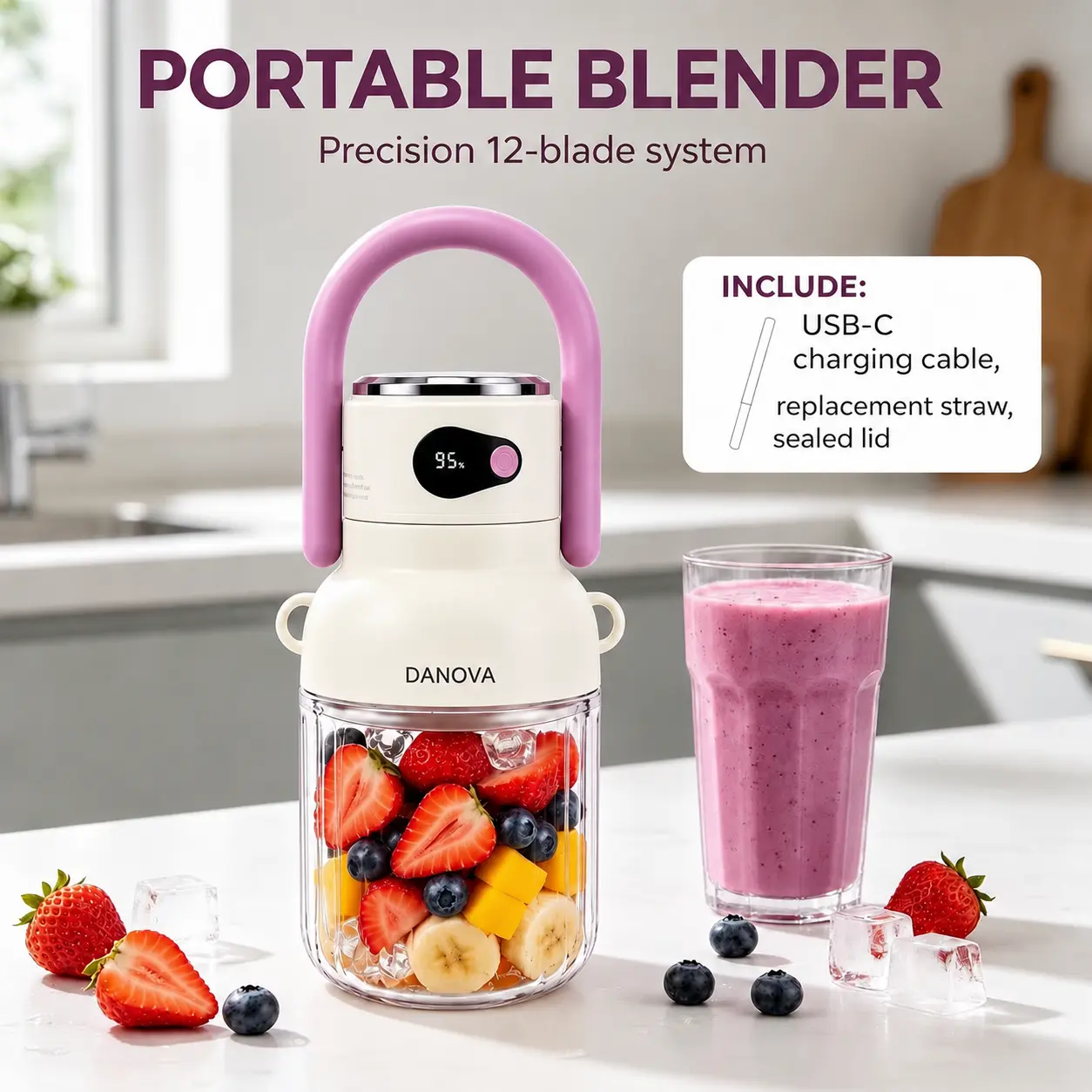 DANOVA Cordless Portable Blender - 2000mAh, 70W High Power Ice Crusher, 33oz BPA-Free Cup, USB Charging, Easy Blade Clean, Protein Shake Ready, for Home, Travel, Couples’ Gift
