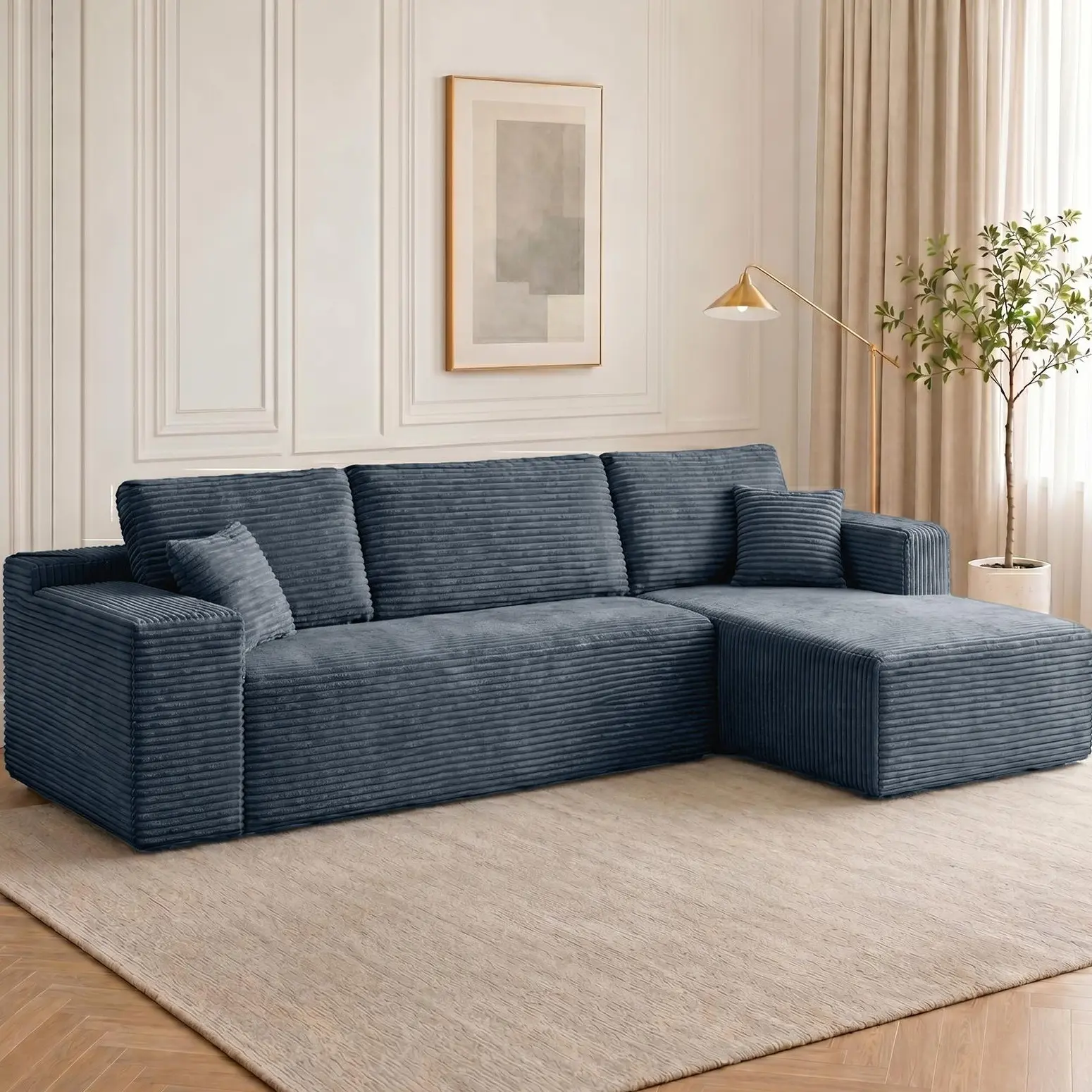 106‘’L-Shaped Modular Sectional Sofa with Chaise Longue - 3-4 Seats, Corduroy Cloud Couch, No Assembly Required, Modern Living Room Furniture - Available in Grey, Black Plush Velvet Chenille, Beige Oversized