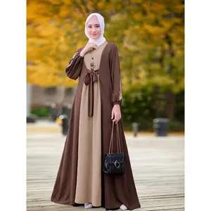 Conservative Muslim dress Collision color waist-cinching strap elastic cuff round neck long sleeve ethnic long dress for wome