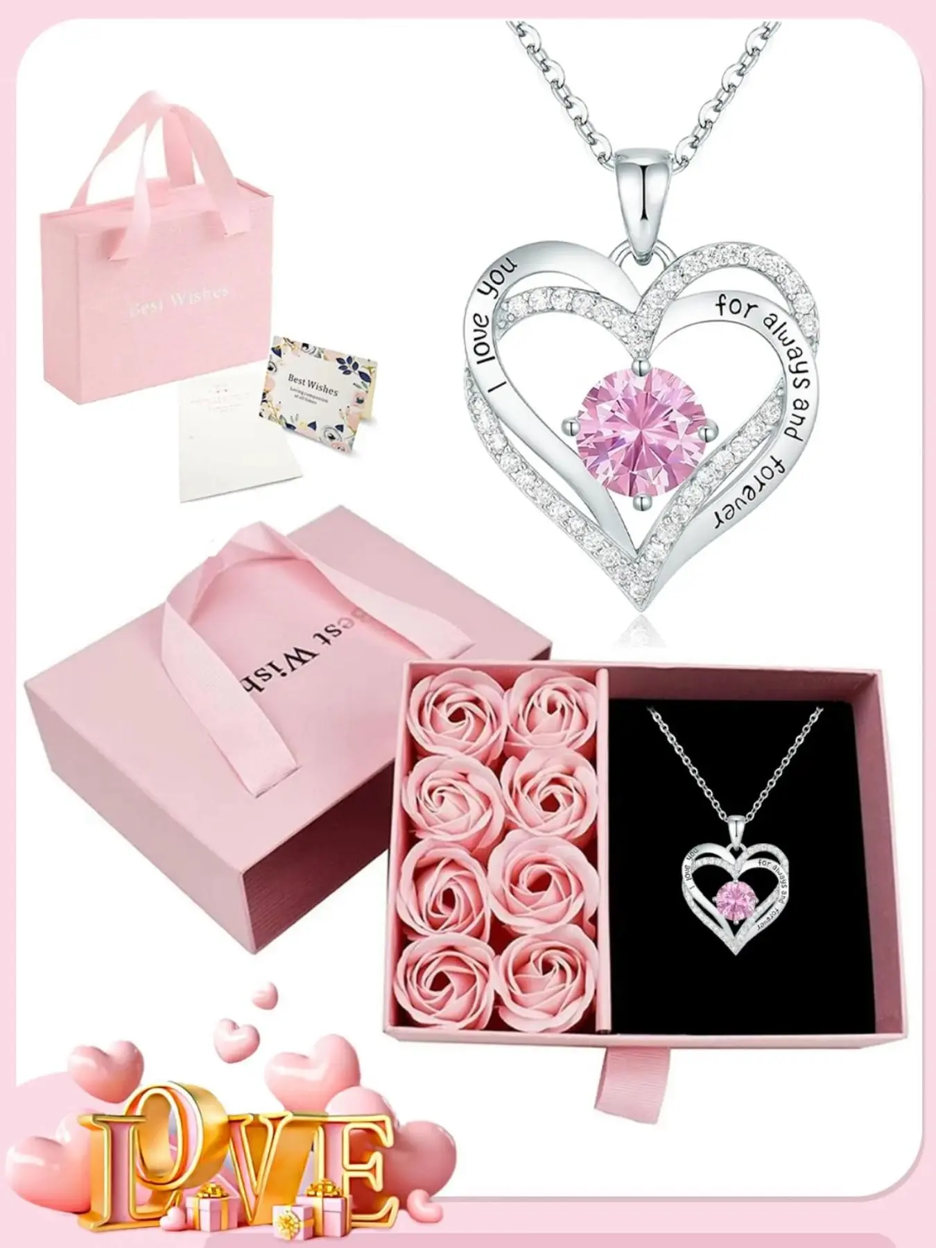 Rose Preserved Flower Gift Set with Birthstone Heart Necklace, Zircon Necklace, Statement Necklace, Perfect Birthday, Christmas, Valentine's Day Exquisite Jewelry Gift for Mom, Daughter, Girlfriend, Wife