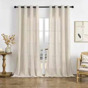 Modern Natural Linen Look Curtain, Wood Color Semi-Transparent Drapes for Balcony Door, Perfect for Living Room & Bedroom Decor, Home Decoration Curtain