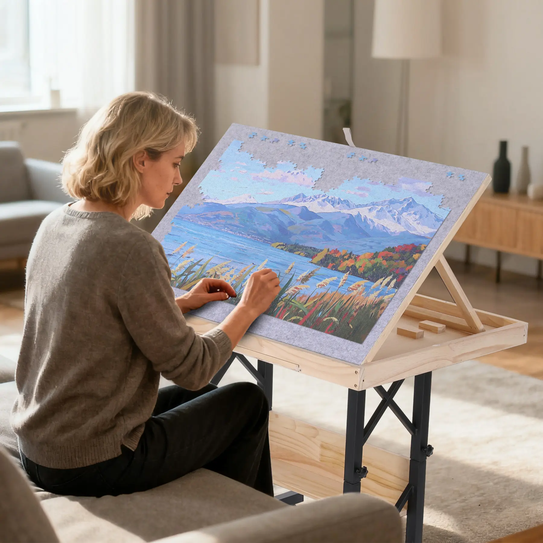 FUNTOK 1500-Piece Puzzle Game Table for Adults, Portable Wooden Board with Wheels, Drawers, 5-Tilting Angles, 29"-37" Height Range Scales, Transparent Cover, Non-Slip Felt Surface, Organizes Creative Puzzle, Relieves Neck And Back Strain