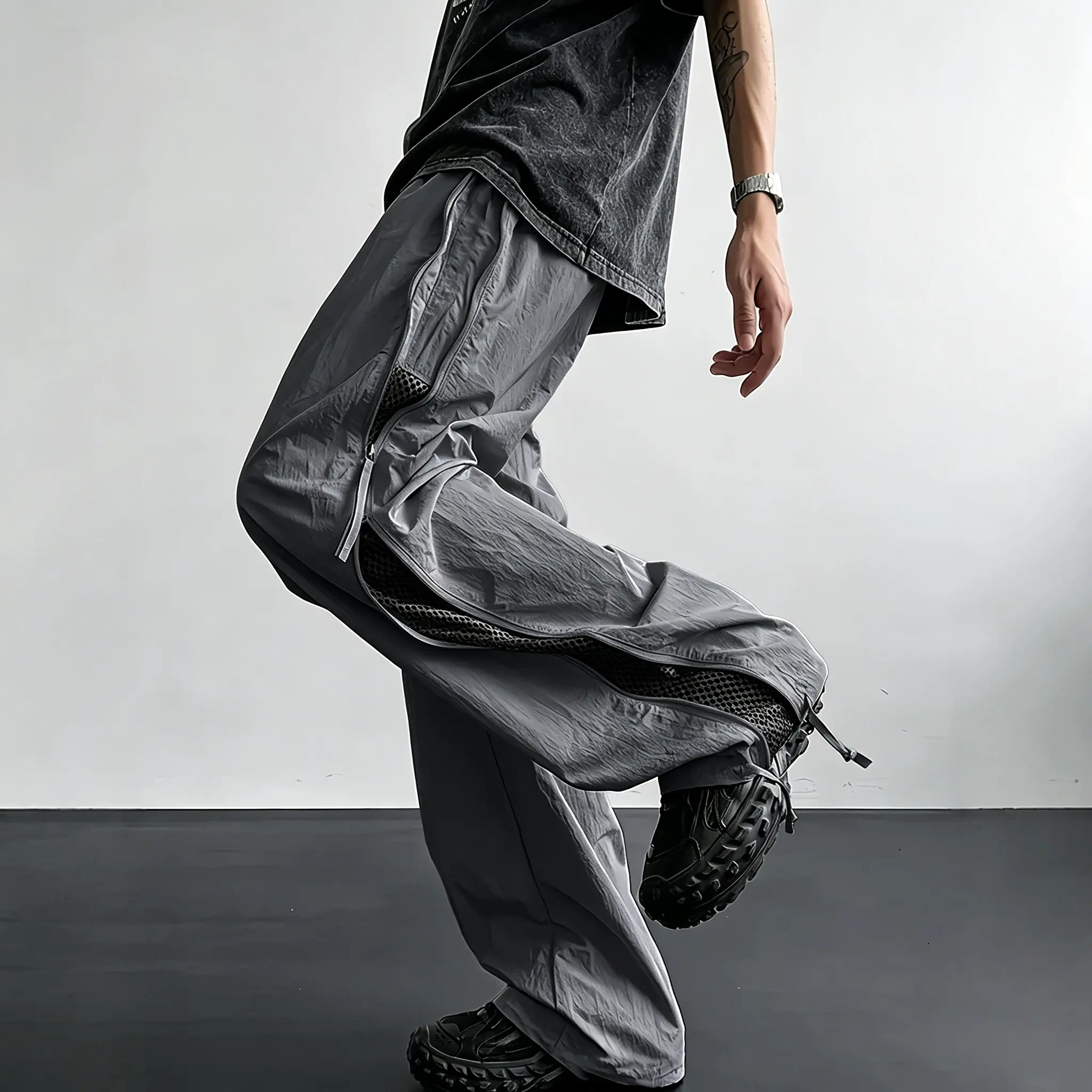 Men’s summer breathable mesh cargo pants, functional style with side zippers, wide-leg quick-dry design Menswear Trouser Plain Casual Streetwear Bottoms Casual Loose Fitting