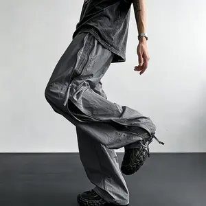 Men’s summer breathable mesh cargo pants, functional style with side zippers, wide-leg quick-dry design Menswear Trouser Plain