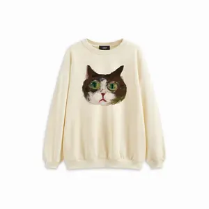 Cider Cotton-blend Cat Graphic Round Neckline Oversized Sweatshirt