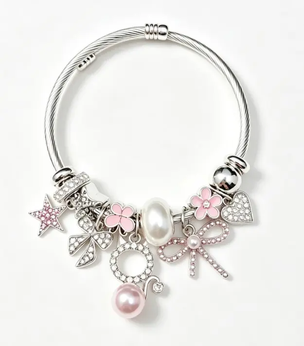 Adjustable Silver Twisted Wire Open Cuff Charm Bracelet, Dual Styles Pink & White Rhinestone Bow Star Heart Four Leaf Clover Pearl Pendant Bangle, Stackable Dainty Jewelry Gift for Women Girls