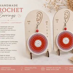 Female Handmade Crochet Circle Dangle Earrings - Hypoallergenic Set, Chic Style Boho Statement Fashion Costume Jewelry for Women