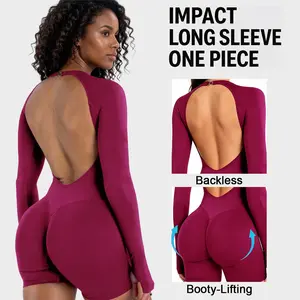 [SIZE UP 1] Impact Long Sleeve One Piece Seamless Scrunch Butt Jumpsuit Tummy Control Sculpting Workout Romper Activewear [STRONG COMPRESSED]