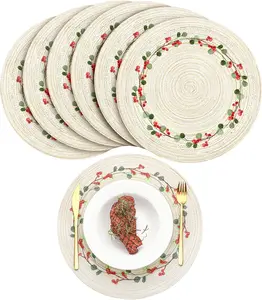 12-Pack Christmas Round Placemats with Embroidered Applique, Washable Woven Placemats for Winter Dining Table, Berry - Coasters, Tableware