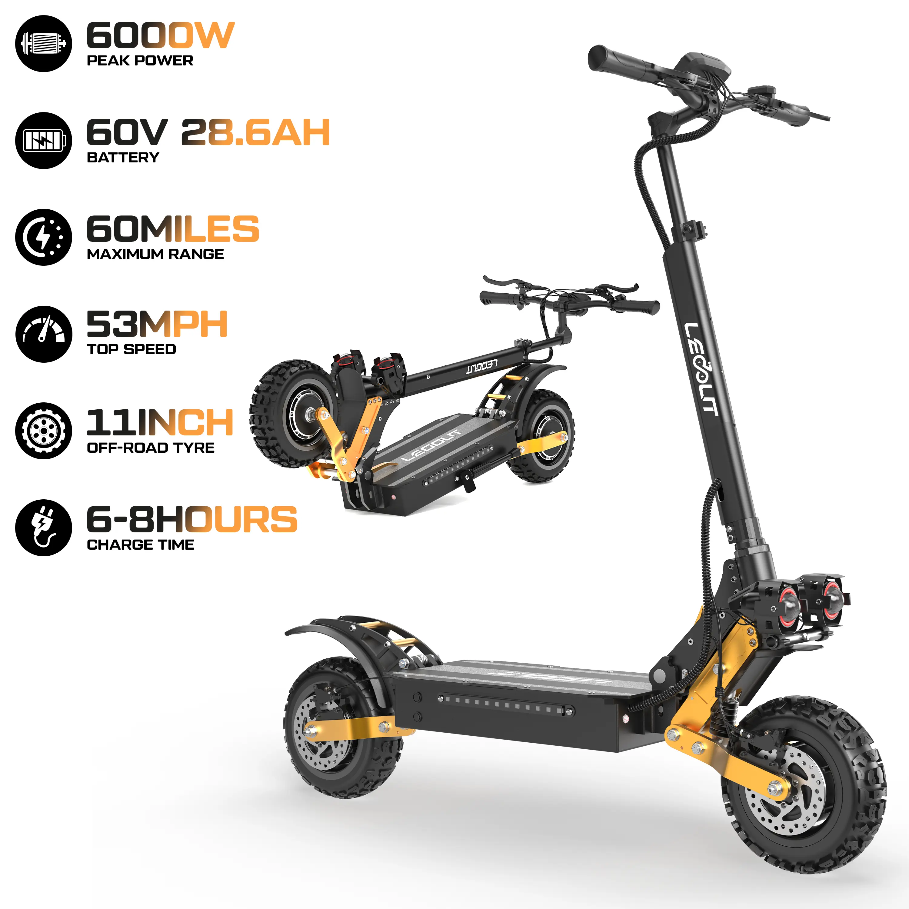 LEOOUT T88/T85 Electric Scooter - 1500W-6000W Motor, 31-53 Mph Top Speed, 40-59 Mi Long Range Off-Road, Smart NFC Dashboard, Dual Suspension & Brakes, 330 lbs Weight Limit, Foldable, 30-Day Returns, Adjustable